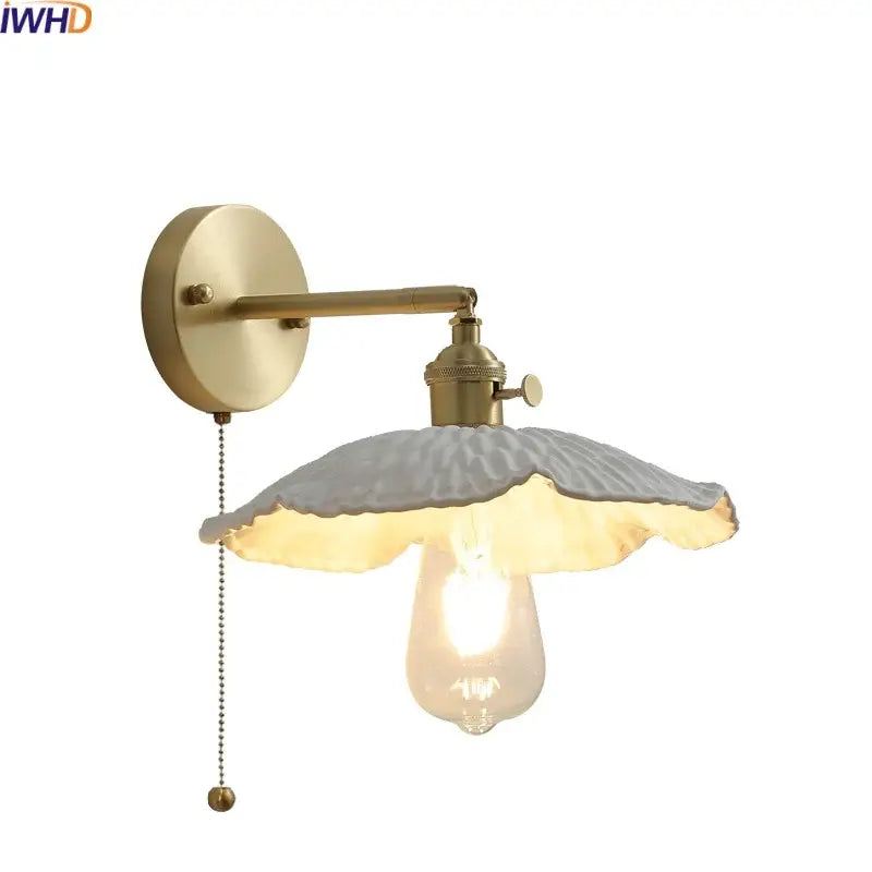 Vintage ceramic copper led wall light for bedroom with ruffled shade