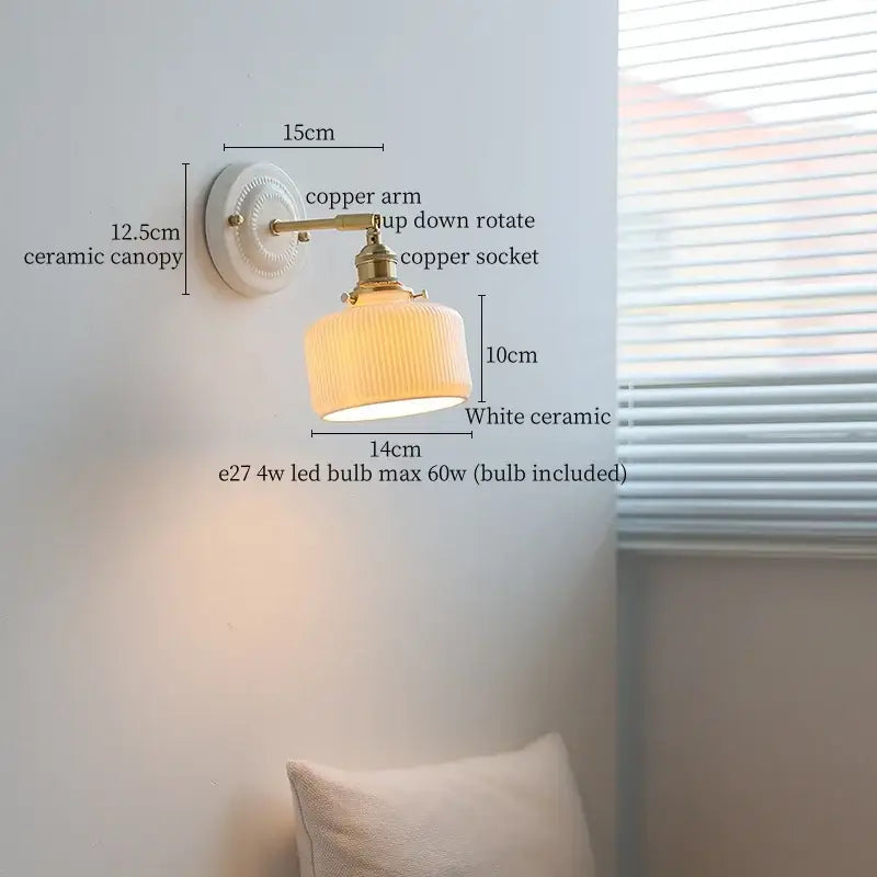 Vintage ceramic led wall lamp bedroom white ridged sconce