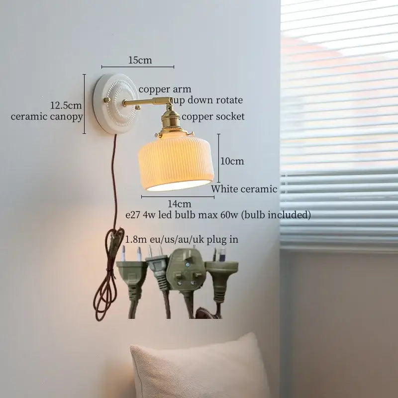 Vintage ceramic led wall lamp bedroom white ridged sconce