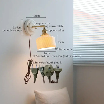 Vintage ceramic led wall lamp bedroom white ridged sconce