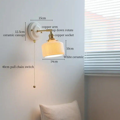 Vintage ceramic led wall lamp bedroom white ridged sconce