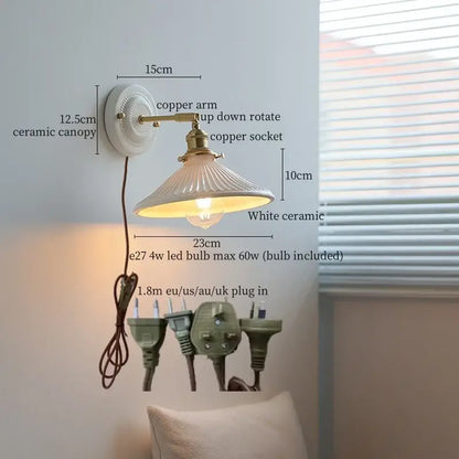 Vintage ceramic led wall lamp bedroom white ridged sconce