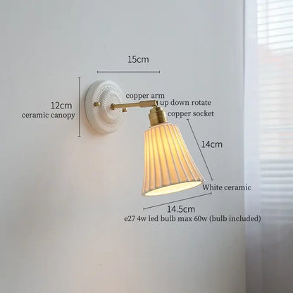 Vintage ceramic led wall lamp bedroom white ridged sconce