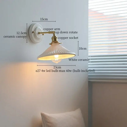 Vintage ceramic led wall lamp bedroom white ridged sconce