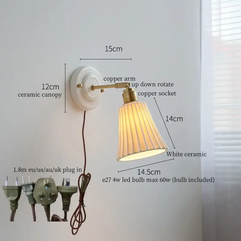 Vintage ceramic led wall lamp bedroom white ridged sconce