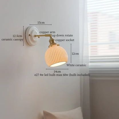Vintage ceramic led wall lamp bedroom white ridged sconce