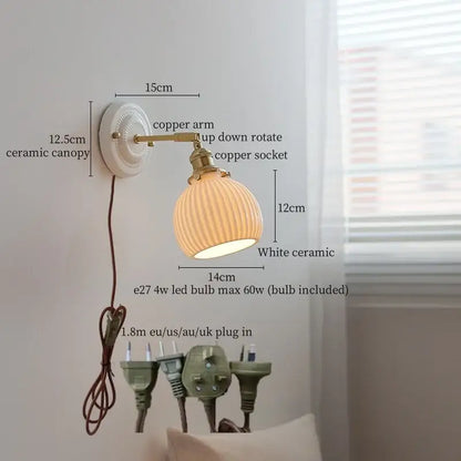 Vintage ceramic led wall lamp bedroom white ridged sconce