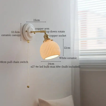 Vintage ceramic led wall lamp bedroom white ridged sconce