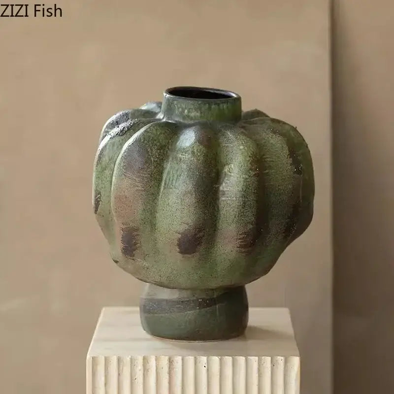 Vintage ceramic vase green pumpkin decor for living room table