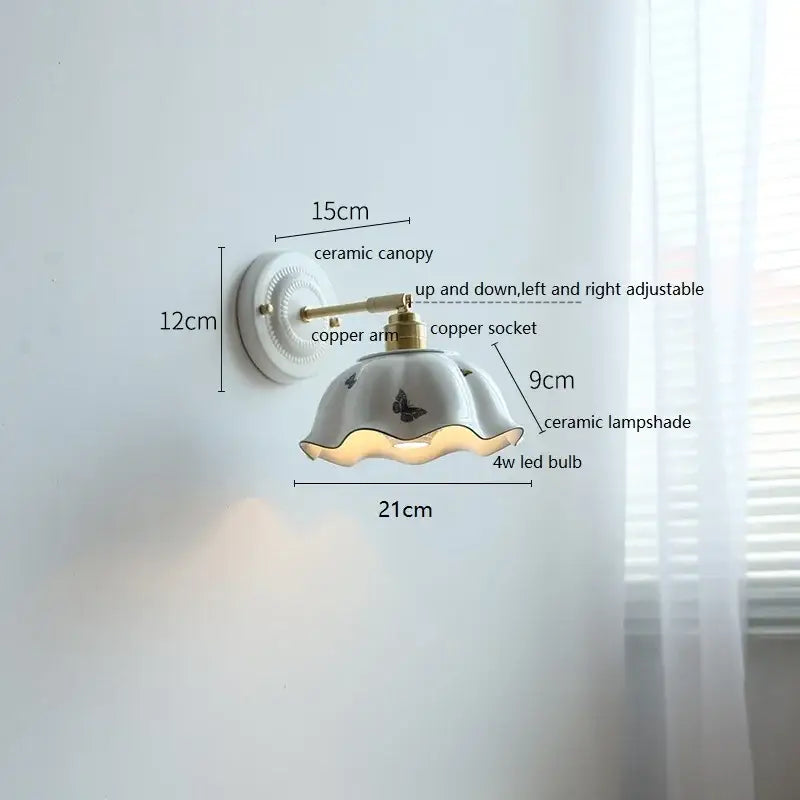 Vintage ceramic wall lamp with fluted glass shade for bedroom