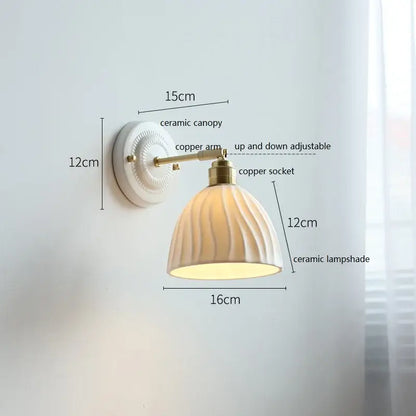 Vintage ceramic wall lamp with fluted glass shade for bedroom