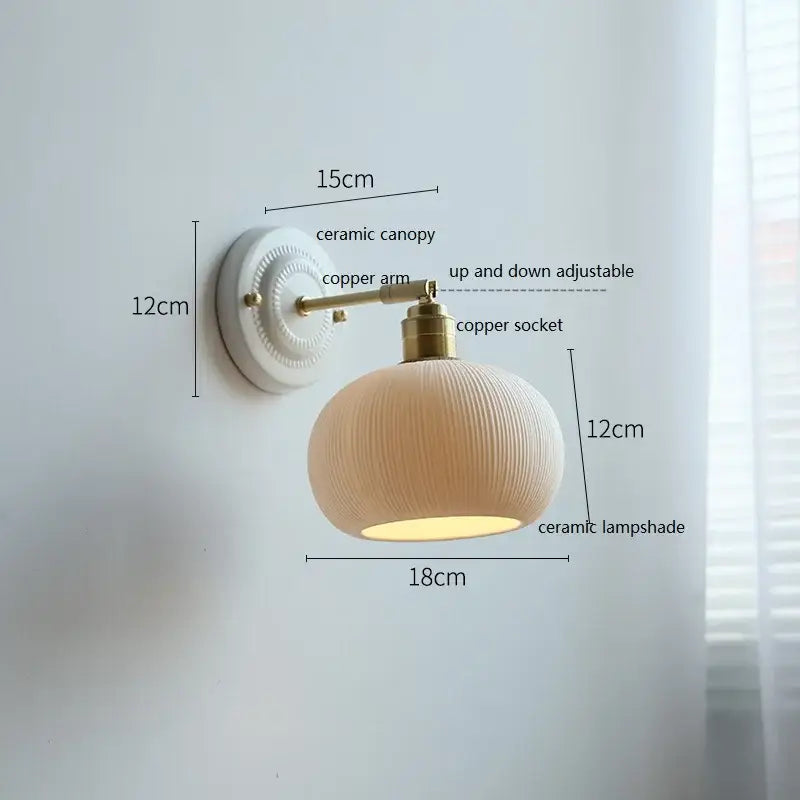 Vintage ceramic wall lamp with fluted glass shade for bedroom