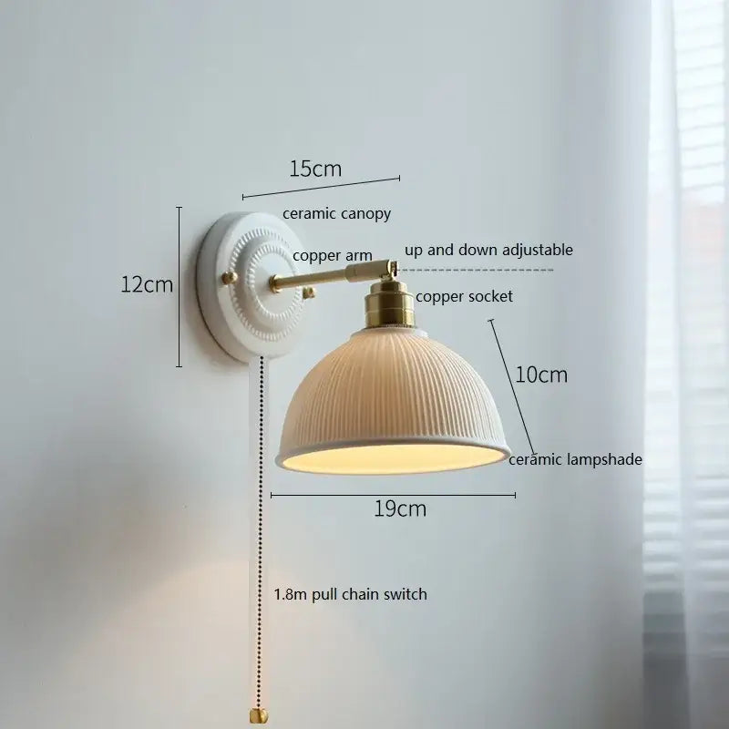 Vintage ceramic wall lamp with fluted glass shade for bedroom