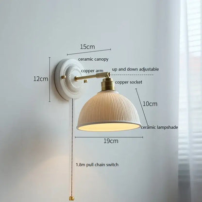 Vintage ceramic wall lamp with fluted glass shade for bedroom