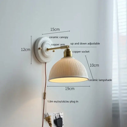Vintage ceramic wall lamp with fluted glass shade for bedroom