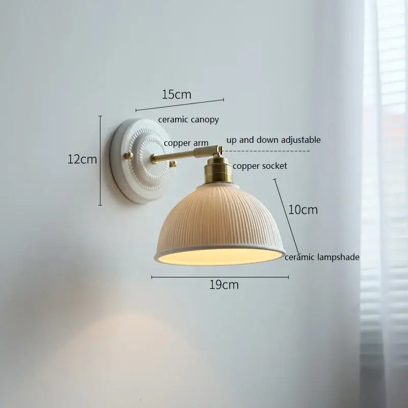 Vintage ceramic wall lamp with fluted glass shade for bedroom