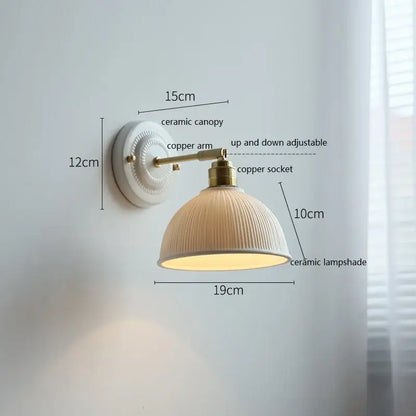 Vintage ceramic wall lamp with fluted glass shade for bedroom
