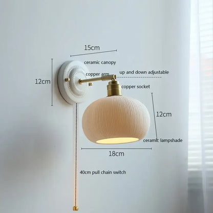 Vintage ceramic wall lamp with fluted glass shade for bedroom