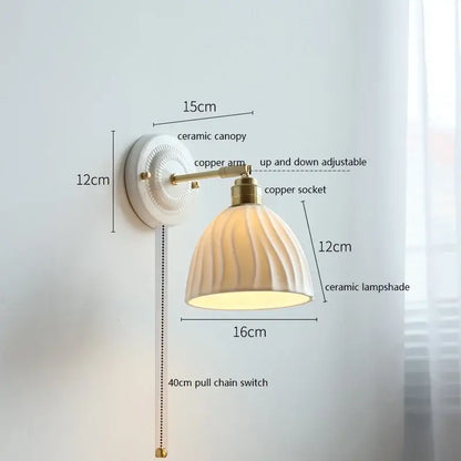 Vintage ceramic wall lamp with fluted glass shade for bedroom
