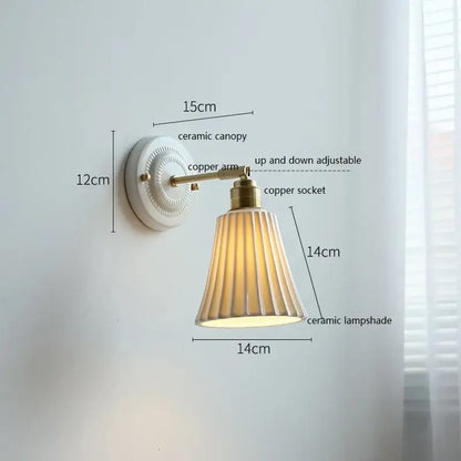Vintage ceramic wall lamp with fluted glass shade for bedroom