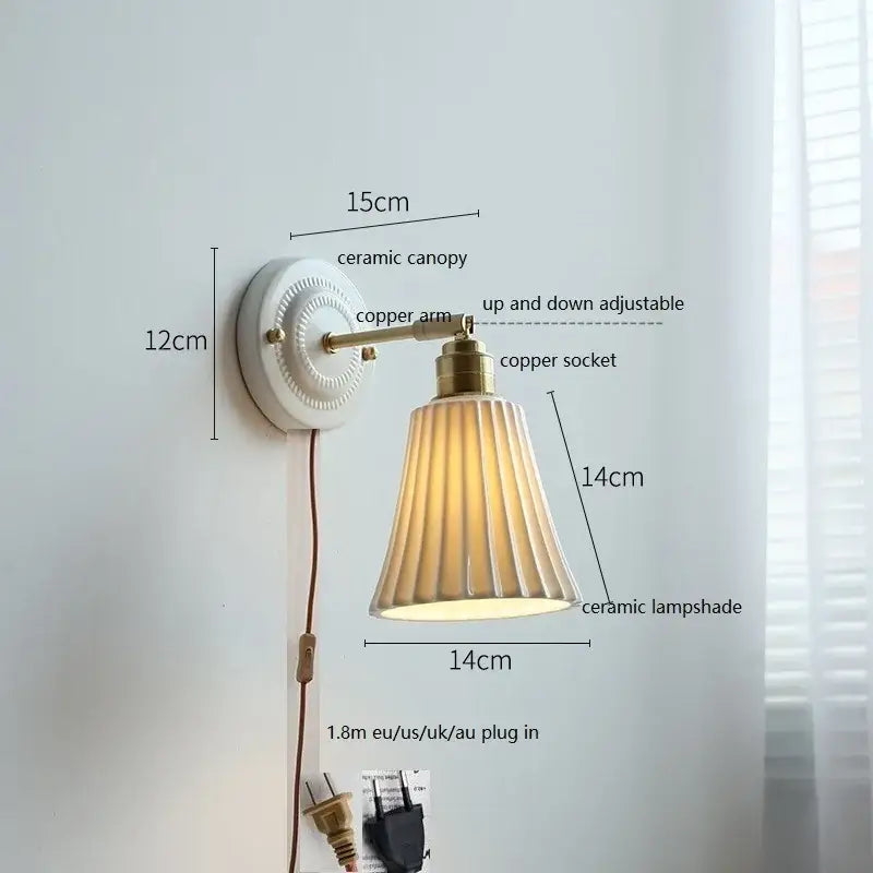 Vintage ceramic wall lamp with fluted glass shade for bedroom