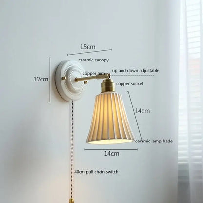 Vintage ceramic wall lamp with fluted glass shade for bedroom