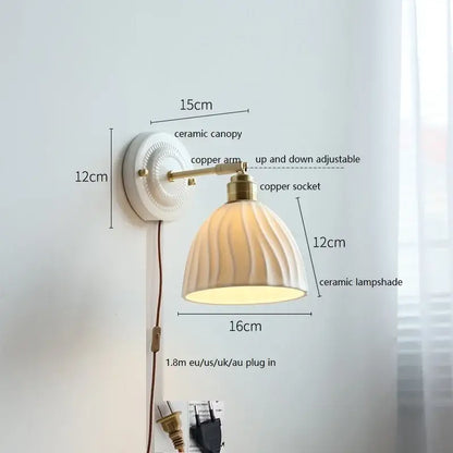 Vintage ceramic wall lamp with fluted glass shade for bedroom