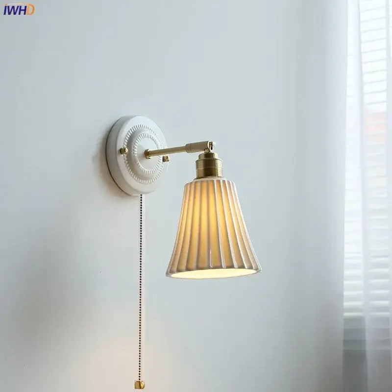Vintage ceramic wall lamp with fluted glass shade for bedroom