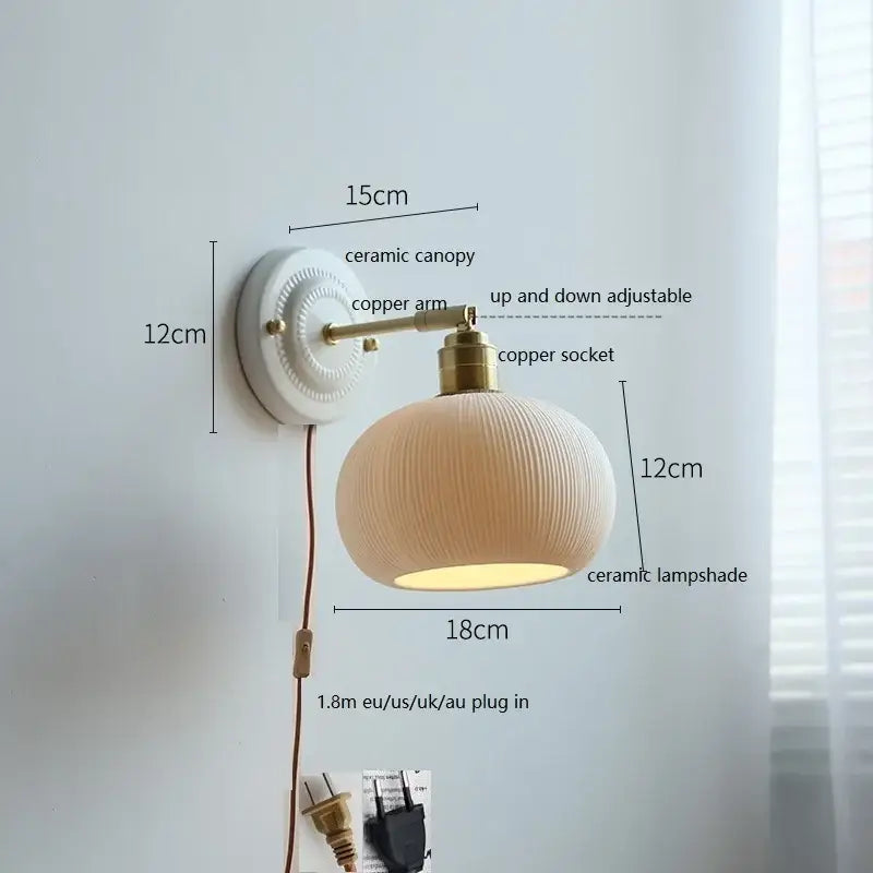 Vintage ceramic wall lamp with fluted glass shade for bedroom