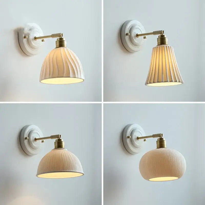 Vintage ceramic wall lamp with fluted glass shade for bedroom