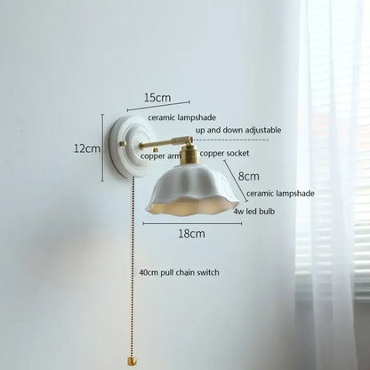 Vintage ceramic wall lamp with fluted glass shade for bedroom