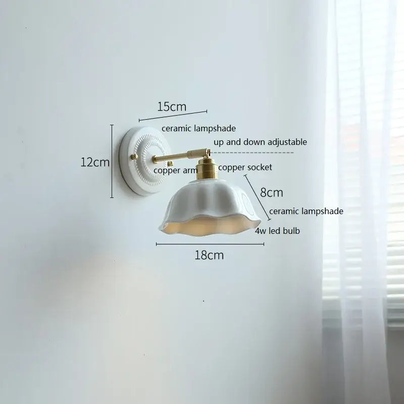Vintage ceramic wall lamp with fluted glass shade for bedroom
