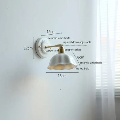 Vintage ceramic wall lamp with fluted glass shade for bedroom