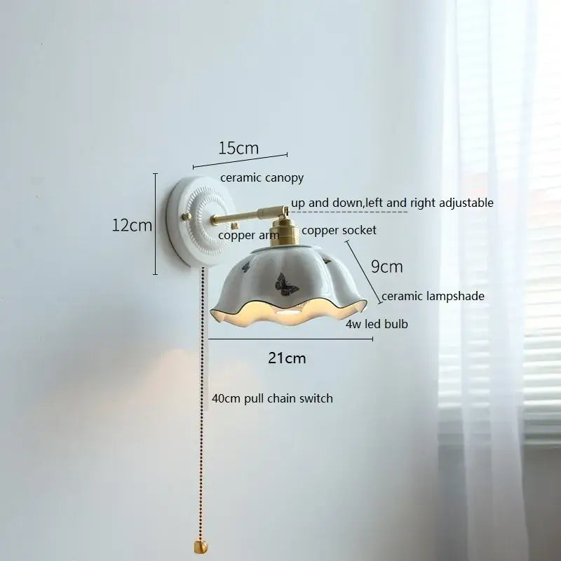 Vintage ceramic wall lamp with fluted glass shade for bedroom