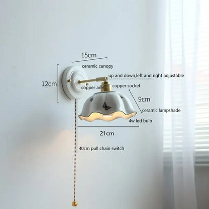 Vintage ceramic wall lamp with fluted glass shade for bedroom