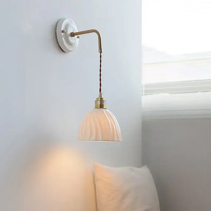 Vintage ceramic wall sconce with copper arm – bedroom pull chain lamp