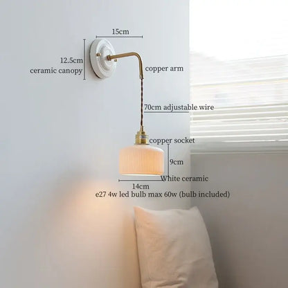 Vintage ceramic wall sconce with copper arm – bedroom pull chain lamp