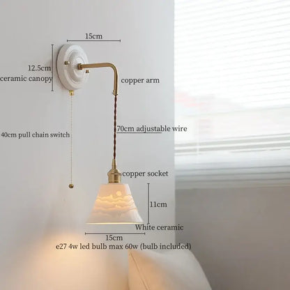 Vintage ceramic wall sconce with copper arm – bedroom pull chain lamp
