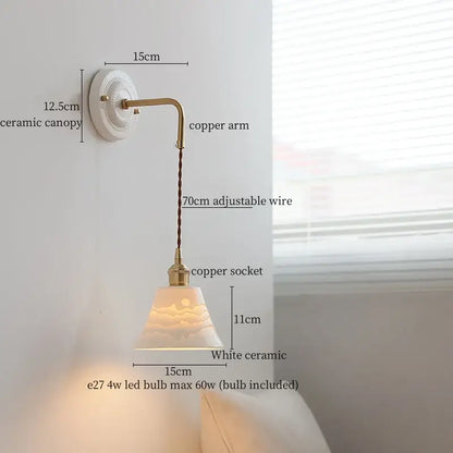 Vintage ceramic wall sconce with copper arm – bedroom pull chain lamp