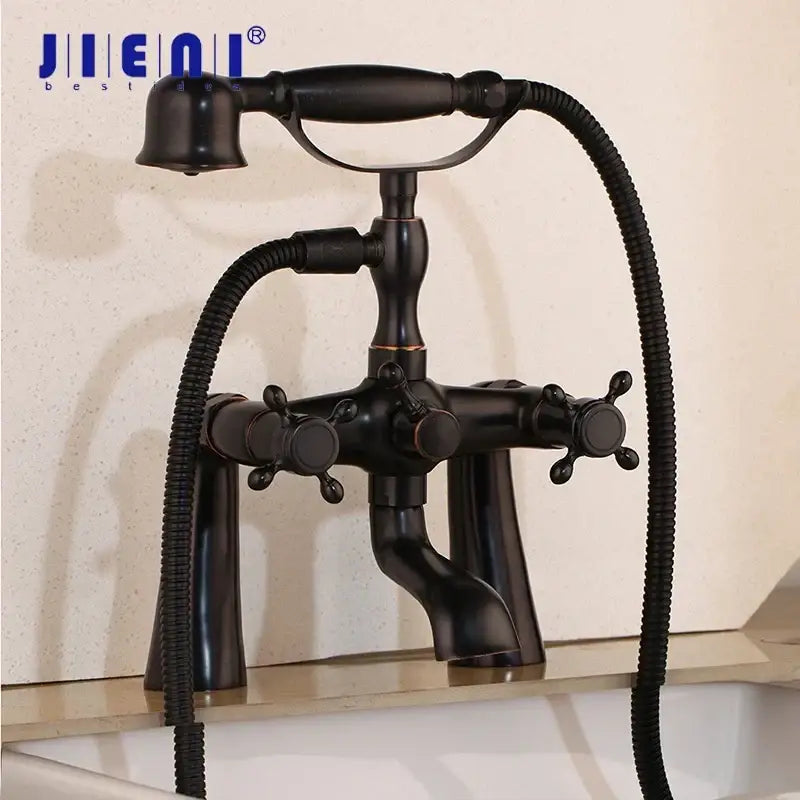 Vintage chrome bathtub faucet with dual handles and hand shower bathroom