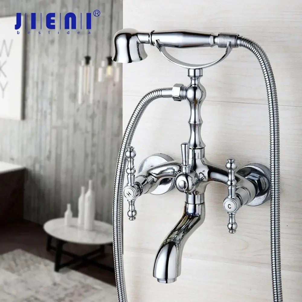 Vintage chrome brass bathroom faucet set with hand shower