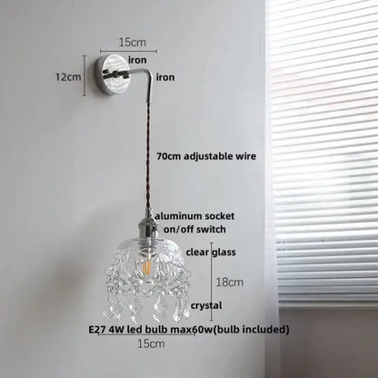 Vintage chrome clear glass wall sconce – bedroom pull chain light