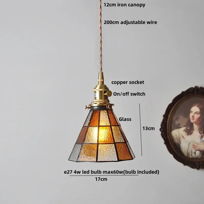 Vintage colorful glass tiffany pendant lamp dining room brass fixture