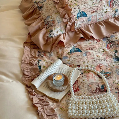 Vintage cream french print lace ruffles bedding set bedroom decor