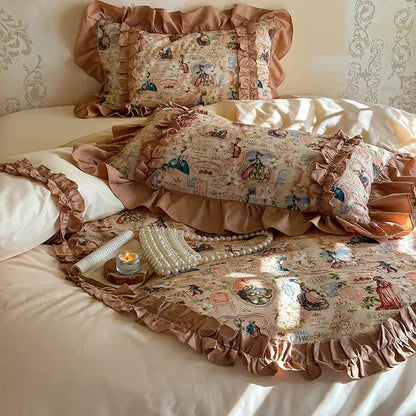 Vintage cream french print lace ruffles bedding set bedroom decor