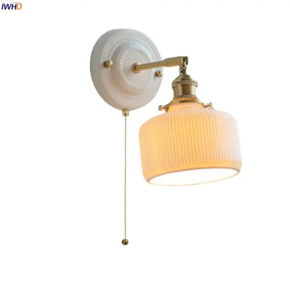 Vintage cream ribbed glass ceramic led wall lamp bedroom light