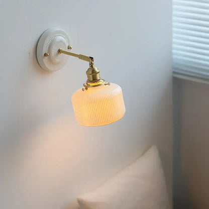 Vintage cream ribbed glass ceramic led wall lamp bedroom light