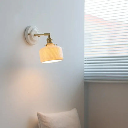 Vintage cream ribbed glass ceramic led wall lamp bedroom light