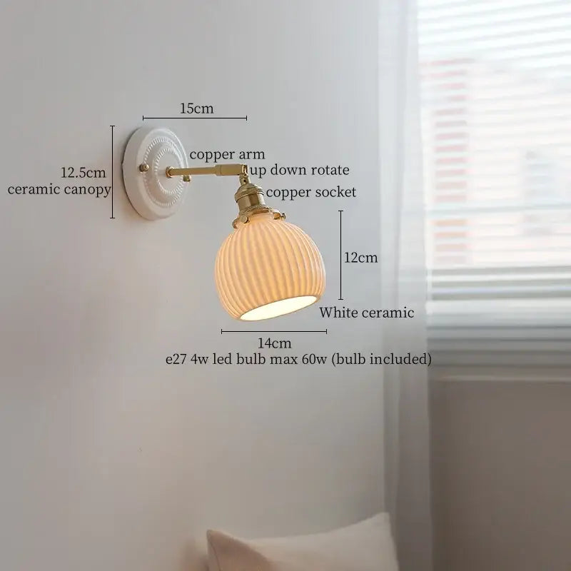 Vintage cream ribbed glass ceramic led wall lamp bedroom light