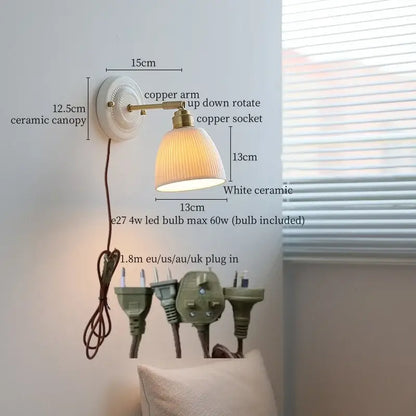 Vintage cream ribbed glass ceramic led wall lamp bedroom light